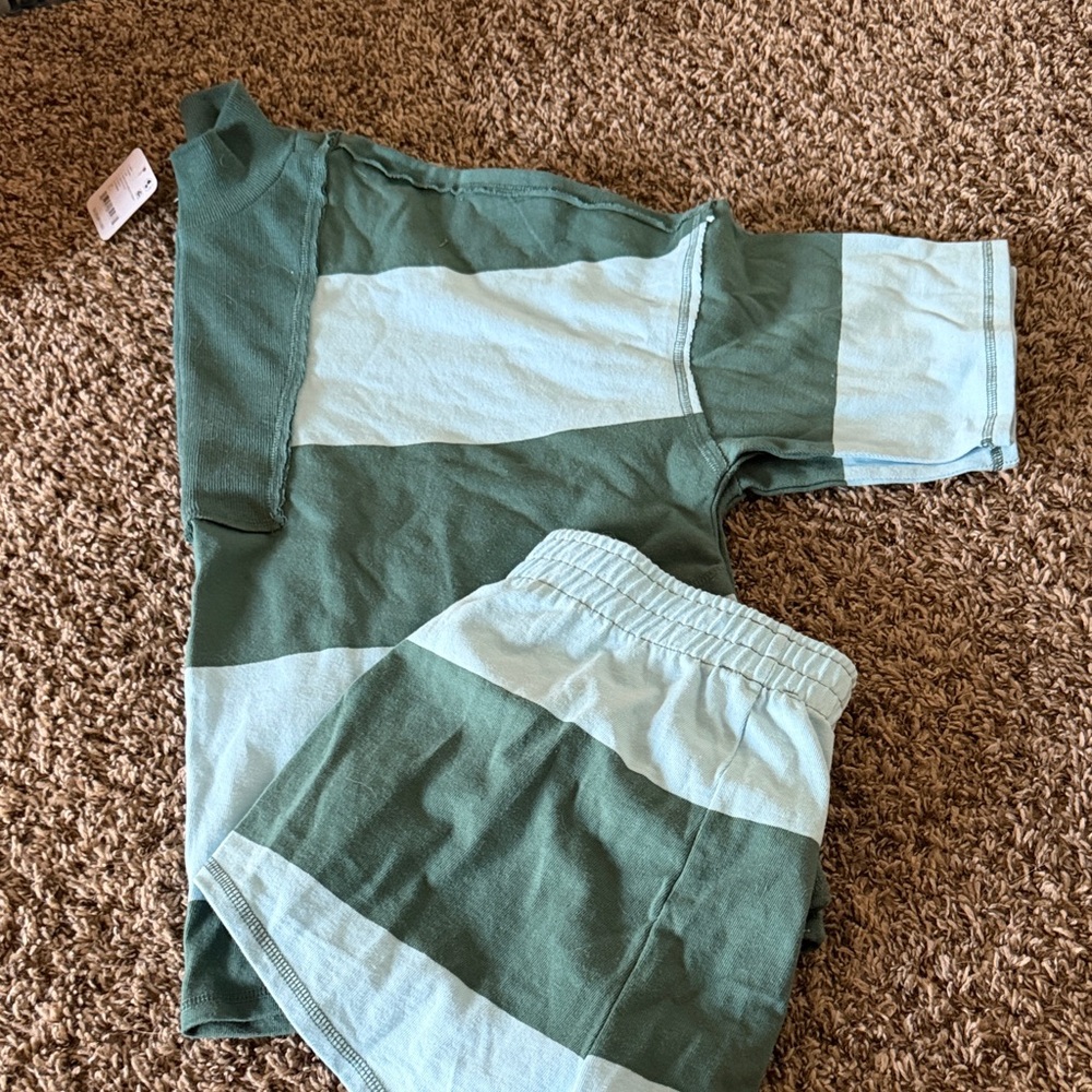 Striped Green and Light Blue Shirt and Shorts Set